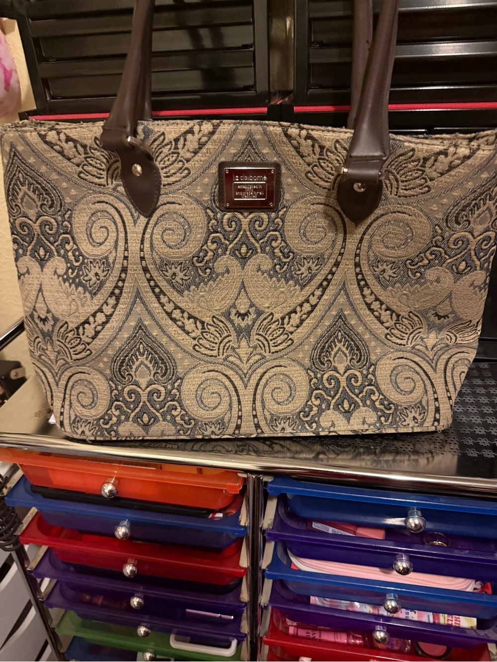 Brighton Beige & Black Jacquard Tote with Brown Leather Handles. Liz Clayborne
